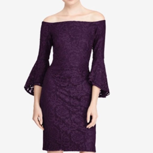 Lauren Ralph Lauren Dresses & Skirts - Lauren Ralph Lauren Purple Lace Off-the-Shoulder Trumpet Sleeve Dress Size 16